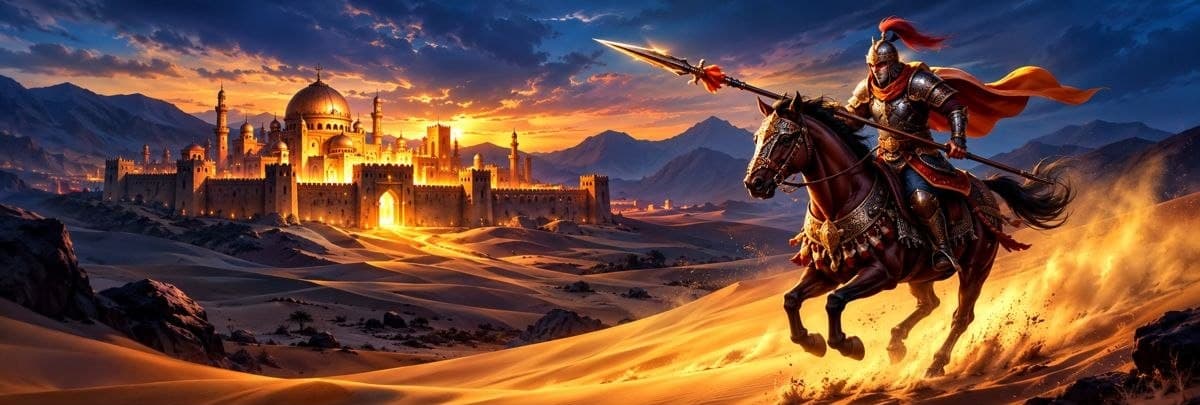 Silkroad çölünde at süren savaşçı